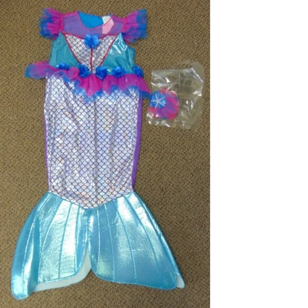 Mermaid Halloween Costume 4/6 Purple Green Long Dress & Hairpiece 2 Pc Girls
